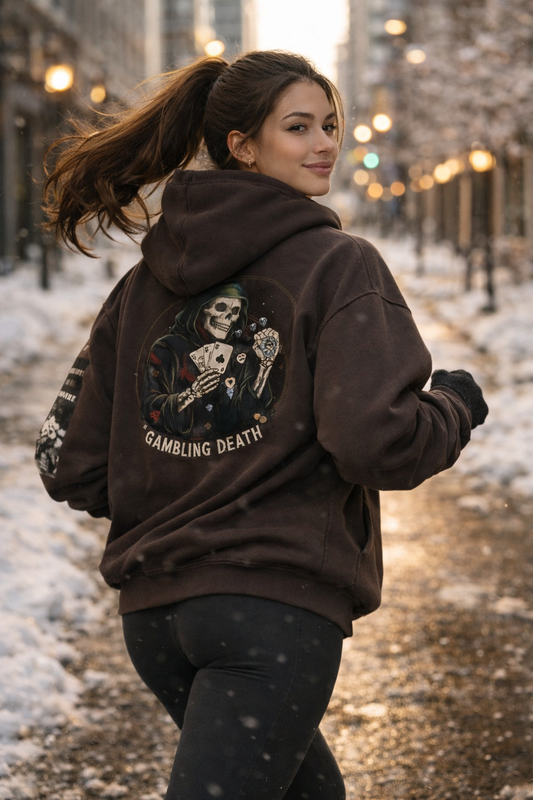 Grim Reaper Gambling Hoodie — 'Gambling Death' Skull Card Backprint