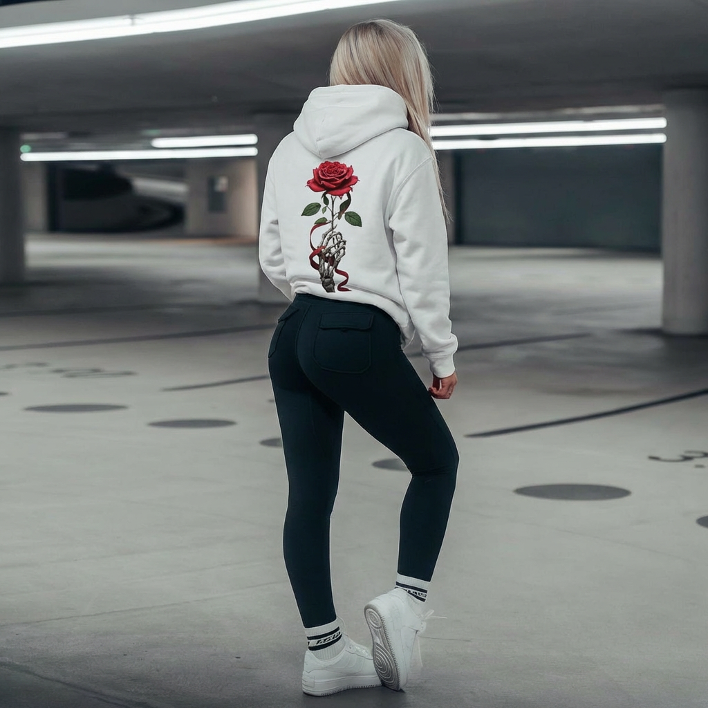 Horror Graphic Hoodie — Bloody Handprint "I'M FINE" with Creepy Red-Eye Portrait