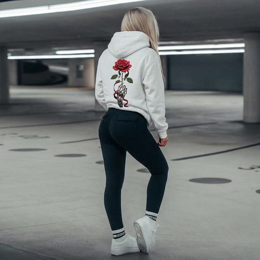 Horror Graphic Hoodie — Bloody Handprint "I'M FINE" with Creepy Red-Eye Portrait