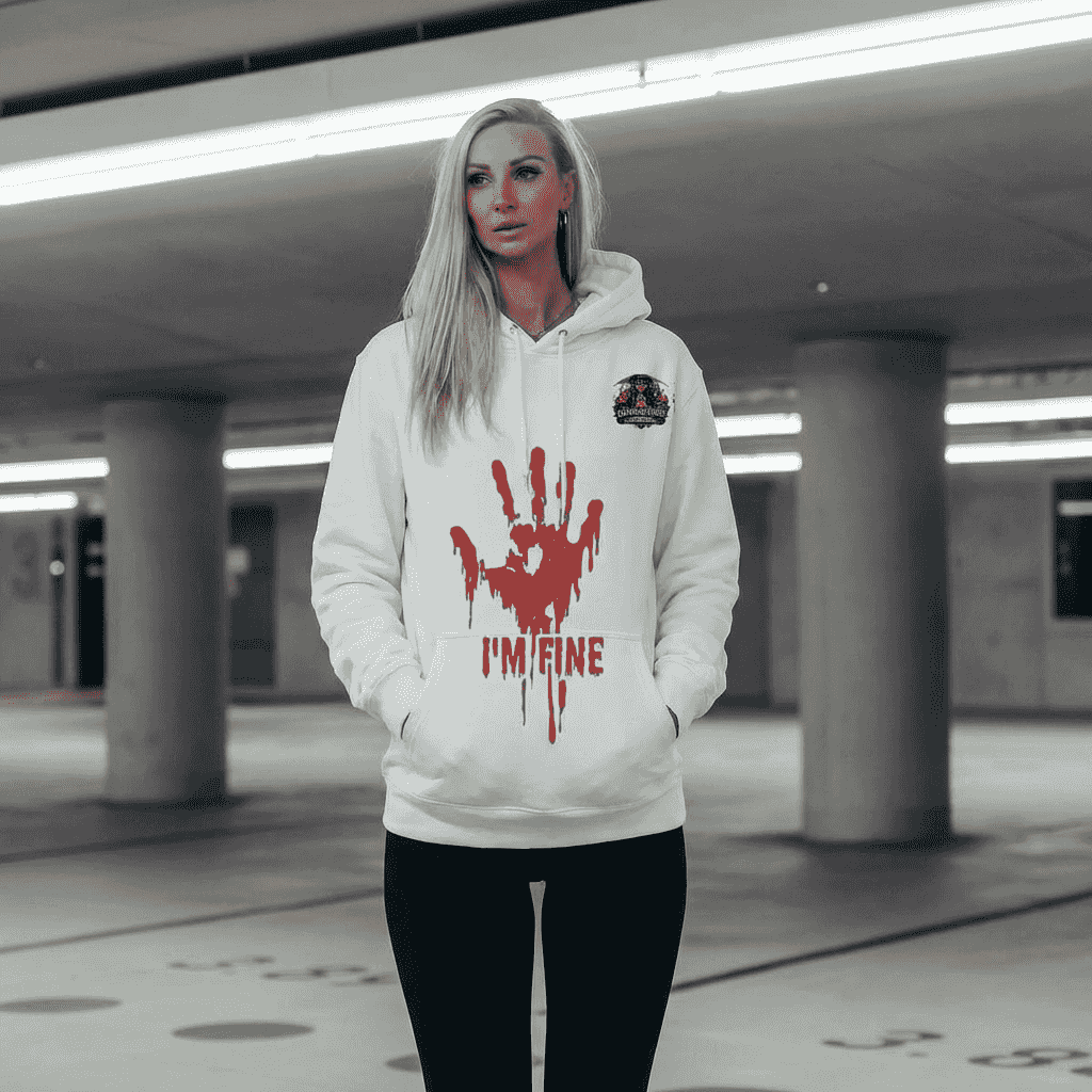 Horror Graphic Hoodie — Handprint I'M FINE Red-Eye Portrait