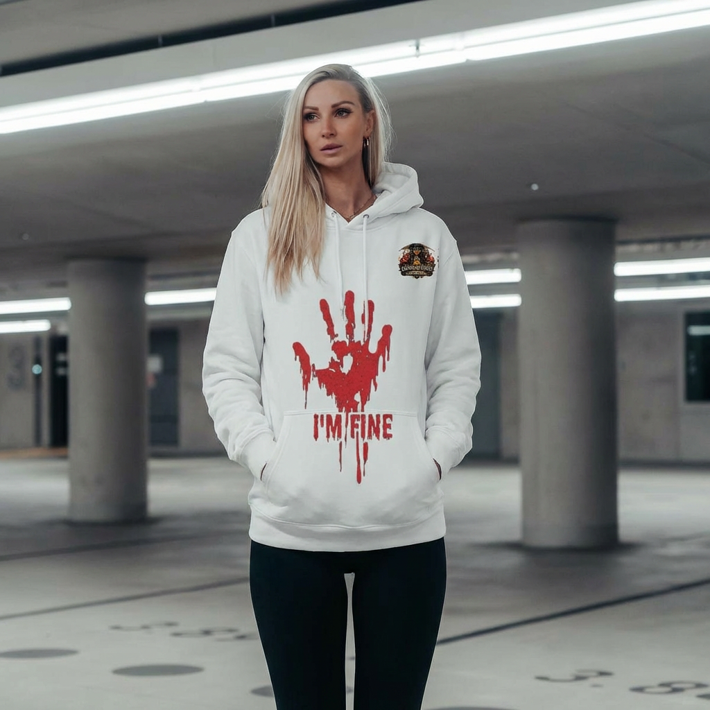 Horror Graphic Hoodie — Bloody Handprint "I'M FINE" with Creepy Red-Eye Portrait
