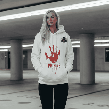 Horror Graphic Hoodie — Handprint I'M FINE Red-Eye Portrait